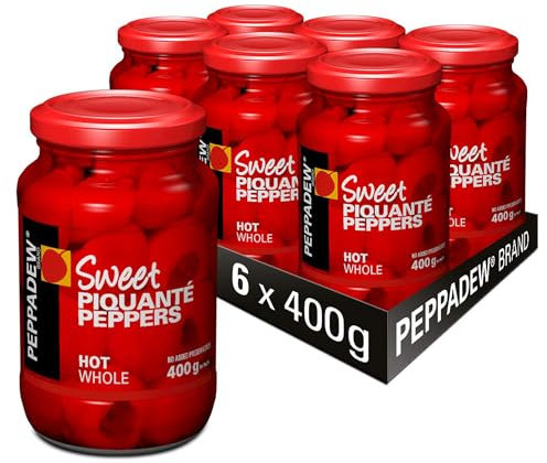 Peppadew Peppers, Sweet Whole Piquanté Peppers, Vegan, Gluten Free, Hot Spice, Perfect for Tapas Dishes, Bar Snacks and Nibbles, Pack of 6 Jars x 400g