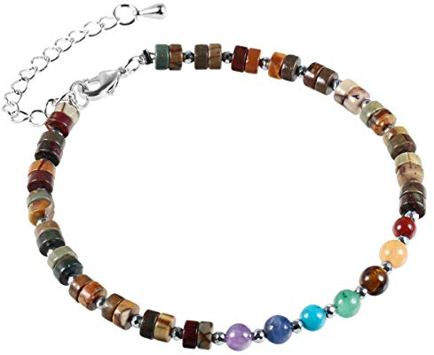 Nupuyai 4mm 7 Chakren Armband Perlen Fußkettchen Bunt Heilende Picasso Jaspis Freundschaftsarmband Verstellbare Yoga Armketten für Paare Schutz Schmuck Damen