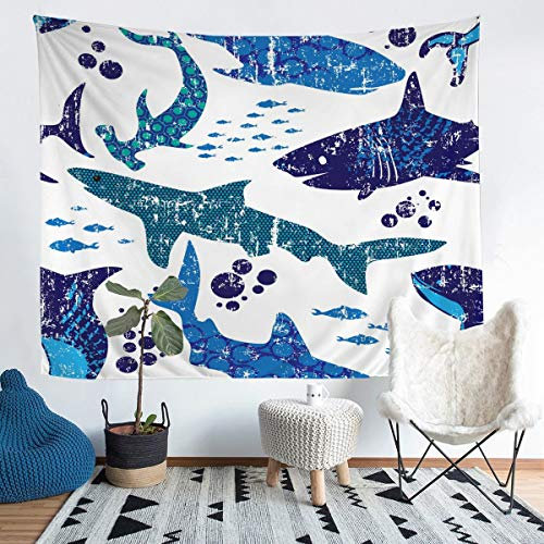 Ozean Meer Wandteppich 130x150cm Blauhai Wandbehang für Kinder Teenager Meerestier Thema Tapisserie Unterwasser Wort Wandtuch Sealife