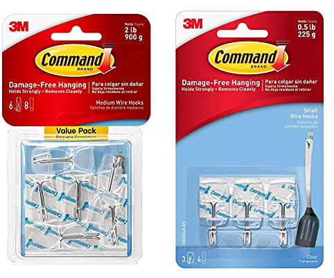 Command 17065CLR-VPES Clear Medium Wire Hooks, Value Pack of 6 Hooks and 8 Clear Adhesive Strips & 395B Mini Hooks, Pack of 6 Mini Hooks and 8 Small Adhesive Strips, Transparent