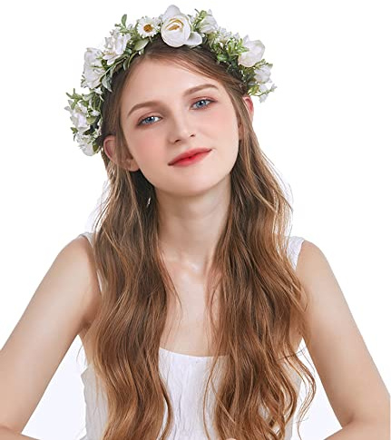 Brikuinr Blumenkranz Krone Hochzeit Floral Stirnband Haarkranz Haar Girlande Blume Halo Floral Kopfschmuck Boho mit Band Party Prom Festival
