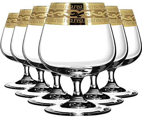 Brandy Glasses Set of 6 with Modern Gold Rim and Stable Stem - 400ml Large/Cognac Glasses/Thick and Heavy Glass with Unique Beautiful Decor/ - Gift Set for Men or Women (Classic)