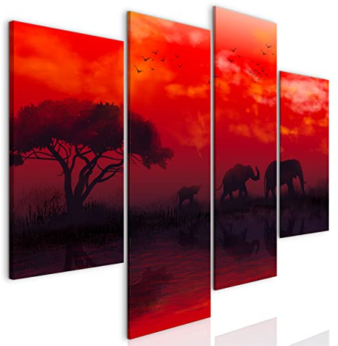 decomonkey Bilder Set Elefanten 126x98 cm 4 Teilig Leinwandbilder Bild auf Leinwand Vlies Wandbild Kunstdruck Wanddeko Wand Wohnzimmer Wanddekoration Deko Tiere Afrika Baum Vogel Fluss Pflanzen Rot
