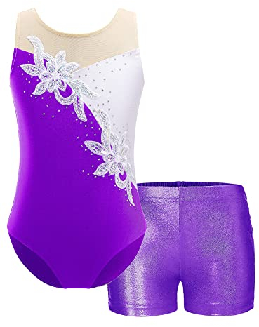 iEFiEL Mädchen Einhörner Turnanzug Glänzend Gymnastik Leotard Kinder Kleidung Set Ballett Trikot Tanz Kostüme mit Überkreuzte Träger Wa Violett 146-152