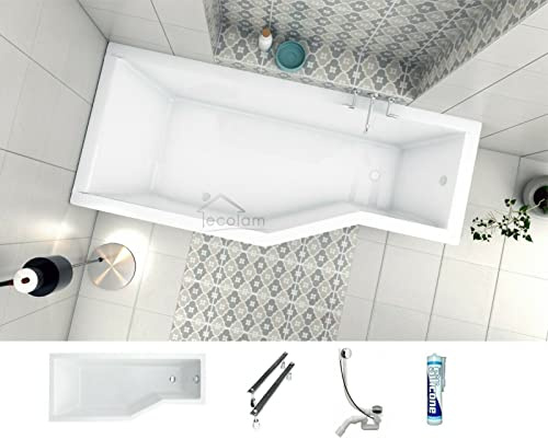 ECOLAM® Badewanne Eckbadewanne Integra Acryl weiß 170x75 cm LINKS Ablaufgarnitur Ab- und Überlauf Automatik Füße Silikon raumsparend platzsparend