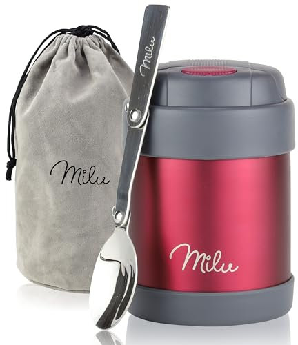 Milu Thermo per Alimenti 300ml 440ml 450ml 650ml 800ml I Contenitore Termico di Acciaio Inossidabile, Isotermico Sottovuoto per Cibi Caldi e Freddi (Bacca, 300ml)