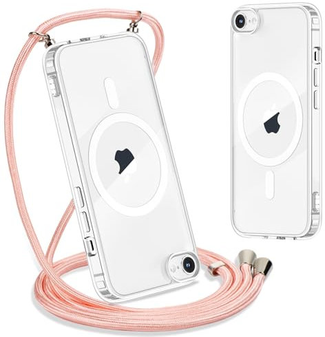 Yoedge Handykette für iPhone 8/7/SE 2020/2022 Hülle mit Band 4,7,Transparente Magnetisch Handyhülle [Kompatibel mit Magsafe],Schlank Silikon TPU Stoßfest Schutzhülle mit Kordel zum Umhängen,Roségold