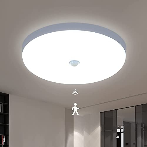 LED Deckenlampe mit Bewegungsmelder Innen, Deckenleuchte 12w Kaltweiß 6500k 1200LM IP40, Sensor Wandlampe LED für flur Garage Treppenhaus Balkon Küche Badezimmer Keller Abstellraum Carport, Ø22cm