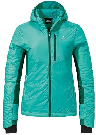 Schöffel Damen Ins Hybrid Black Raven L, leichte MTB Jacke mit 4 D Body Mapping, atmungsaktive, wärmende Fahrradjacke mit fixer Kapuze, mit Taschen