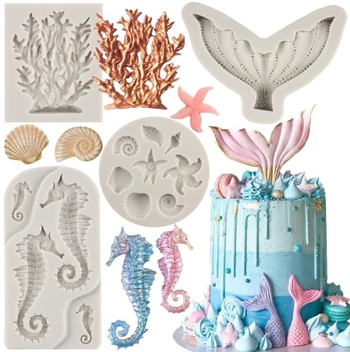 MYPRACS Set di 5 stampi in silicone a forma di stella marina, conchiglie, conchiglie, decorazioni per torte, cioccolato, caramelle, pasta di gomma, argilla polimerica
