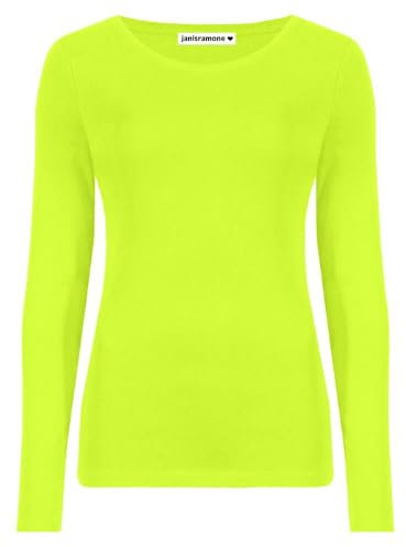 janisramone Womens Ladies Round Neck Long Sleeve T-Shirt Stretchy Plain Fitted Basic Jersey Casual Tee Top Neon Yellow
