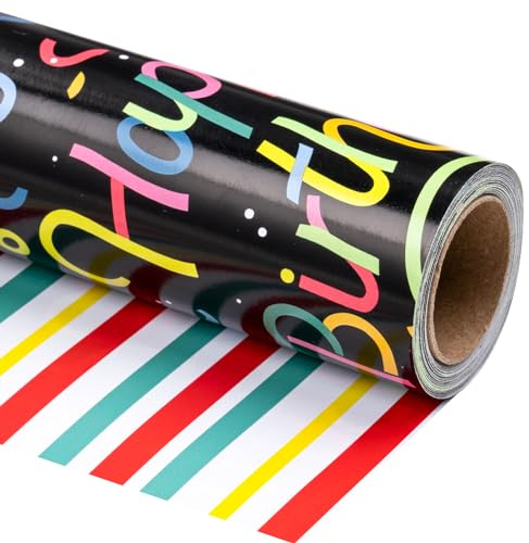 Holijolly Reversible Birthday Geschenkpapierrolle - Happy Birthday Schriftzug in Schwarz & Regenbogen Streifen - 43.2 CM×10 M (46.45 sq.ft.)