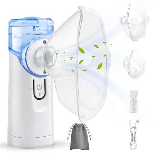 Gindoly Tragbar Inhalationsgerät Inhalator Vernebler Set mit Mundstück und Maske Geräuscharmer Vernebler für Kinder&Erwachsene,Benötigt 2 AA-Batterien (nicht im Lieferumfang enthalten)-Blau