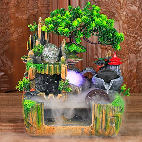 Zimmerbrunnen mit LED Beleuchtung, WOLEGM Tischbrunnen Wasserfall mit Nebel, GartenAquariumHarz Desktop-Brunnen, Zimmerbrunnen 30 x18 x 33 cm