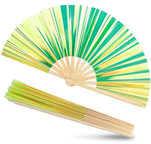 JOHOUSE 13 Inch Large Rave fan, Glitter Green Folding Hand Clacking Fans for Line Dancing Handheld Holographic Crafts for Festivals, Rainbow Outfits, Disco Parties & Home Decoration