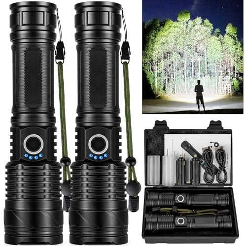 taoquwe Linternas LED recargables de alto lúmenes, luz de flash súper brillante de alta potencia, USB potente IPX6, linternas de mano impermeables para el hogar, senderismo, campamento (paquete de 2)