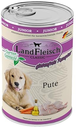 Landfleisch Classic Hundefutter Junior 6 x 400g | Pute | Mit hochwertigem Fleisch, Rapsöl (Omega-3 & 6), ohne Gluten, Zucker, GVO & Soja | Nassfutter für heranwachsende Hunde