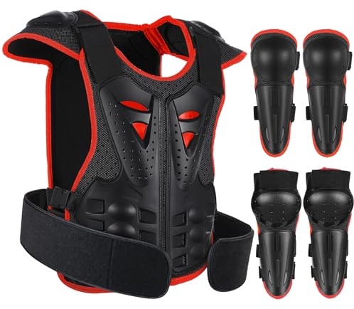 JUSTDOLIFE Armatura Moto per Bambini, 5 Pezzi Set di Armatura da Moto Protezione di Motocross per Bambini Ginocchiere Traspiranti Gomito Pettorina per Tutti I Terreni Ciclismo Sci (Nero-Rosso)