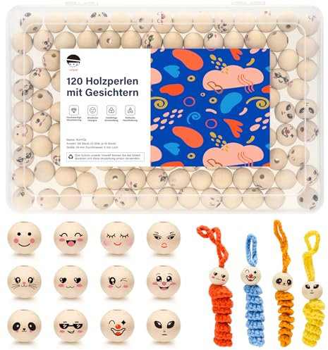 RUIYIQI 120 Holzperlen mit Gesicht, 20mm Holzkugeln mit Loch, Natürliche Holzköpfe für Sorgenwürmchen, Glückswürmchen, Weihnachtsdekoration, DIY Basteln
