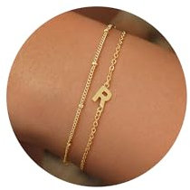 TINGN Armband Damen Gold, 18K Vergoldete Layered Personalisiert Mit Buchstaben R, Schmuck Geschenke für Frauen Teenager Mädchen