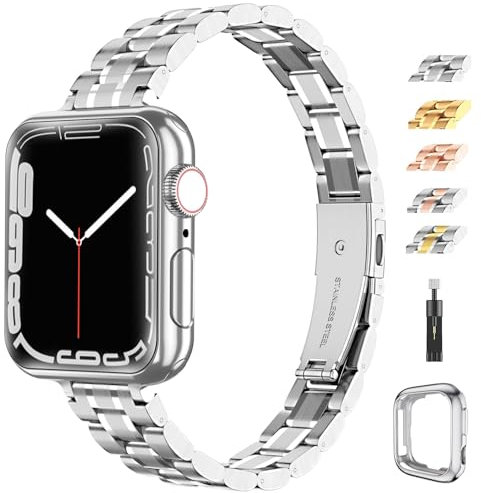 chuangshiji Correa Compatible con Apple Watch 10 42mm Correa Ajustable de Metal de Repuesto para iWatch 10 Series, Pulsera de Acero Inox para Apple Watch Band de Mujer con Funda, Plata