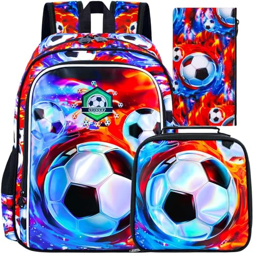 ZLYERT Rucksack für Mädchen und Jungen, Dinosaurier-Einhorn-Büchertasche für Grundschule, Vorschulstudenten, 40,6 cm, Kinderrucksäcke mit Lunchbox, Soccer Red, 16 Inches, Tagesrucksäcke