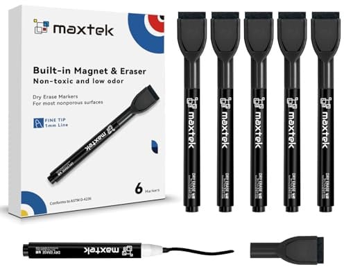 maxtek Whiteboard Stifte, 6 stücke-Schwarz Magnetische, Trocken Abwischbare Marker, Whiteboard Marker mit Feiner Spitze, Folienstift Abwischbar Geruchsarmer Erase Marker mit Radiergummi