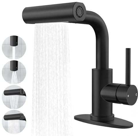 FROPO Mattschwarze Waschbeckenarmatur mit herausziehbarem Sprühkopf – 4 Modi, Einhandmischer, Waschtischarmatur, Wasserfall-Badezimmerarmatur mit herausziehbarem Sprüher (kein Ablauf)
