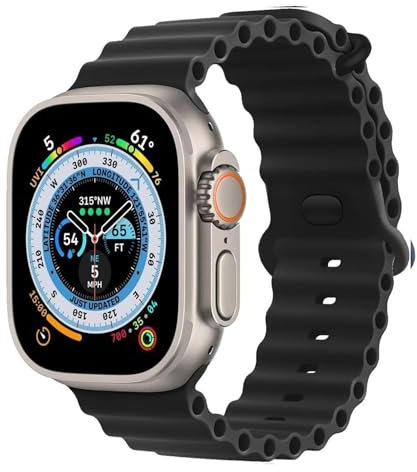 MroTech Bracelet de rechange en silicone Ocean compatible avec Apple Watch Ultra2/Ultra 49 mm, 46 mm, 45 mm, 44 mm, 42 mm pour iWatch Série 10 9 8 7 6 5 4 3 2 1 SE SE2 Noir