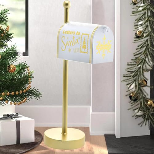 BAKAJI Buca delle Lettere di Babbo Natale Bianca e Oro, Decorazione Addobbo Natalizio Cassetta Postale Natalizia in Metallo per Letterina con Scritte, Decorata Dimensioni 23 x 12.5 x 43 cm