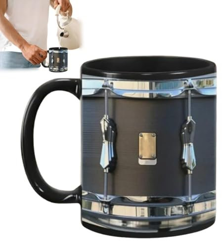 Black Vintage Drum Mug Pottery Coffee Tumbler 11oz Drumming Cup with Handle for Coffee, Tea, Latte And Milkshake - Flat Printing But Looks Three-Dimensional