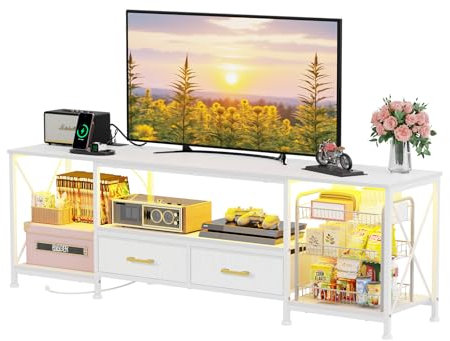 HAMHAIGO Fernsehtisch 75 Zoll, TV Lowboard LED Beleuchtung, TV Schrank mit 4 Schubladen, 4 offenen Fächern, Fernsehschrank Mit Ladestecker, 2 AC-Steckdosen,2 USB-Anschlüsse (Weiß, 180x40x58 cm)