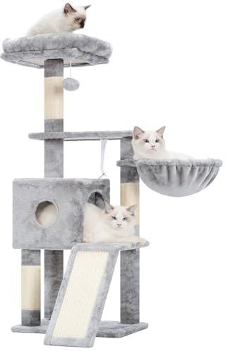Hey-brother Árbol rascador para gatos, 108 cm, para interiores, varios pisos, con columnas para rascar, rampa, cestas, espacioso agujero para gatos y juguete con pompón colgante, gris claro MPJ007SW
