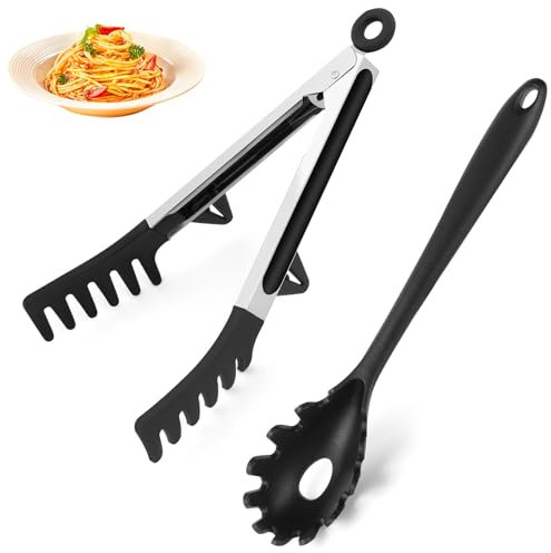 HEBEILF Upgraded Silicone Spaghetti Spoon and Pasta Tong Set – Sturdy Pasta Fork with Teeth, Noodle Spoon Server, and Multi-Purpose Tongs for Cooking and Serving