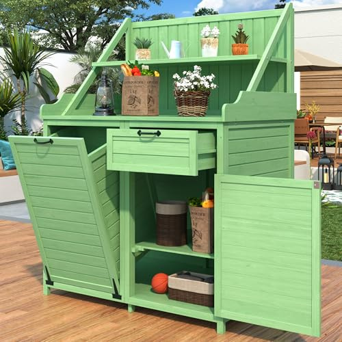 Holz Gartenschrank,Gartenschrank mit Regalen Outdoor Schrank, Gartenschrank Geräteschuppen Terrassenschrank, Balkonschrank, Gerätehaus, Garten Möbel (Grün B)