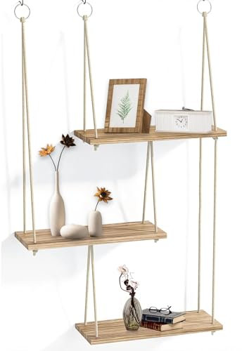 JSUOEO Étagères suspendues pour mur, 3 niveaux en bois bohème flottant, étagère de rangement pour décoration murale, petites plantes, suspension avec corde pour chambre à coucher, salon, cuisine