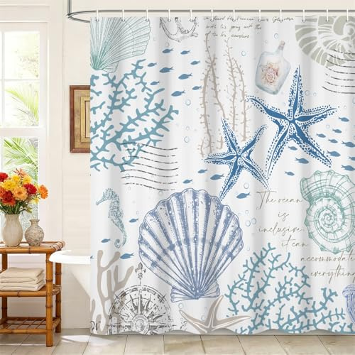 Kzzfqxb Rideaux de Douche imperméable pour Enfants 180x200cm, Motif Vie Marine étoile de mer Coquillage Corail Monde sous Marin Polyester Hydrofuge avec Crochets, décoration Bleue pour Salle de Bain