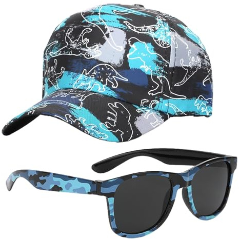 LDBKLGHJ Cappellino Neonato Estivo + Set Cappello con Visiera Dinosauro + Occhiali da Sole + Traspirante + Taglia 54 cm + Verde