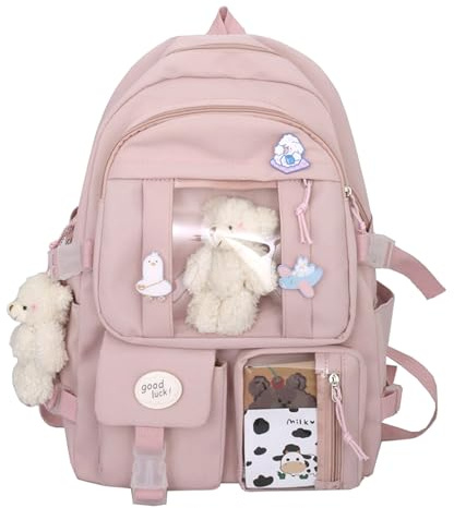 HuiYStar Kawaii-Schulrucksack für Mädchen und Frauen,Süßer ästhetischer Rucksack, Schul- und Büchertasche mit Anstecknadel und Zubehör,Rosa