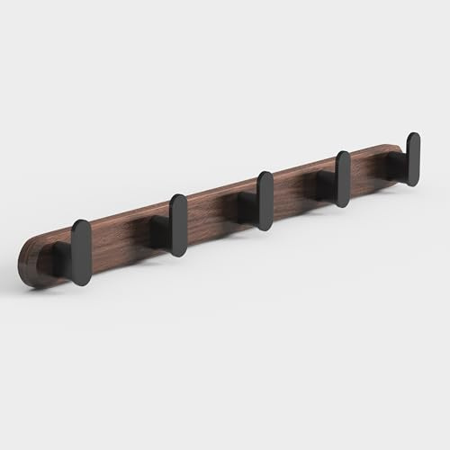 Jugen Wall Mounted Coat Rack – Solid Premium Black Walnut with 5 Matte Black Heavy Duty Hooks, Modern Wooden Rack for Coats, Clothes & Bags - Versatile Towel Rack – 45cm (Adhesive or Screw Mount)