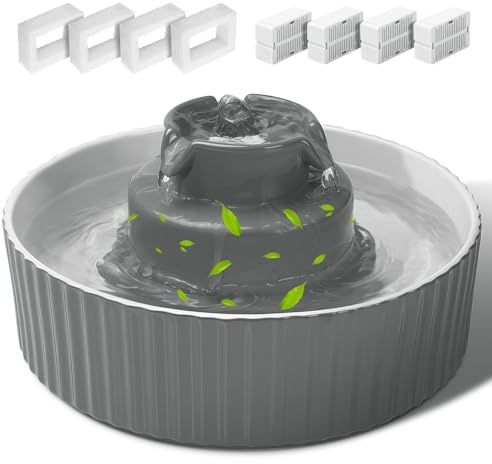 Fontaine à eau en céramique pour chat, 2,1 L, distributeur de boisson en porcelaine avec 4 filtres de rechange et éponge, bol d'eau automatique pour chien avec pompe ultra silencieuse, fournitures