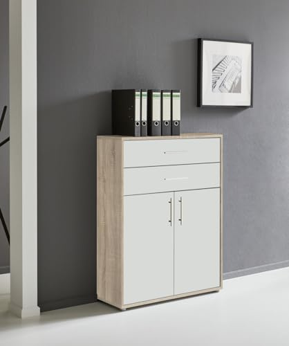 Büromöbel Arbeitszimmer Komplett Office Edition mit Schrankwand Rollcontainer Schreibtisch als Set oder einzeln in Sonoma Eiche/Weiss Matt (Aktenschrank mit Schubladen)