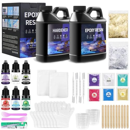 Kizaten 1000ml Epoxidharz Set,1:1 nach Volumen,Transparent Epoxidharz mit Härter,Enthält Epoxidharzfarbe,Glitzerpulver,Holzstäbchen,Handschuhe und Messbecher für die Herstellung von DIY-Schmuck
