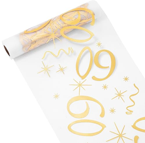 OSDUE Chemin de Table Anniversaire, 60 Ans Chemin De Table Polyvalent en Rouleau Motif Estampé Doré Filet avec Feuille d'or pour Décoration Party Célébrations Anniversaire Noël Fêtes Festive DIY