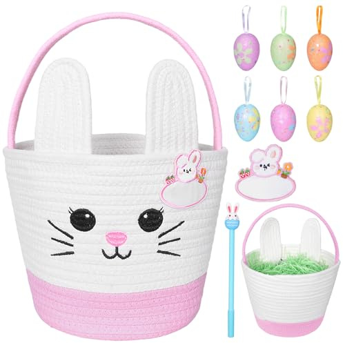 Osternest Korb mit Henkel, Osterkörbchen mit Ostereier aufhängen Namensschilder Feder, Osterhasen Taschen Ostertüten zum Befüllen für Eiersuche & Dekoration