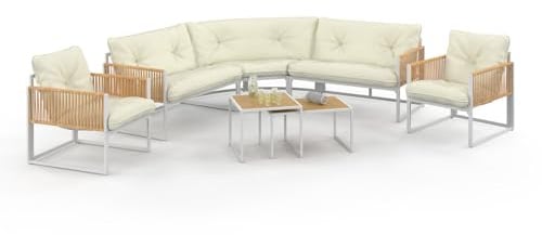 IDMarket - Salon de Jardin Bas Rio 8 Places Salon d'angle | Structure métal blanc et cordage effet rotin, avec coussins beiges