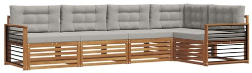 vidaXL Outdoor-Sofagarnitur mit Kissen 5 pcs Natürlich und Hellgrau, Gemütliches Outdoor-Set, modernes Ecksofa, robuster Loungesessel, Gartenmöbel, Terrasse zum Relaxen