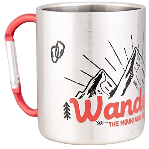 MUGSY Edelstahltasse Wanderlust, 280ml, Karabinerhaken Henkel, Bruchfest, Camping Tasse, silber, weiß