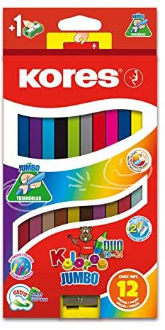 Kores - Kolores Duo Jumbo: 12 doppelseitige Buntstifte für Kinder mit weicher Mine und ergonomischer Form, Set mit 24 verschiedenen Farben und Anspitzer inklusive