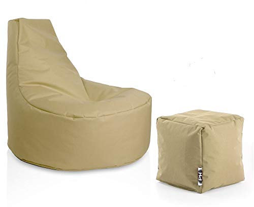 PATCH HOME Gamer Sessel Sitzsack inkl. Würfel Bean Bag Set Ø80cm, 30cm Sitzhöhe, 90cm Höhe + 35x35cm Würfel Beige